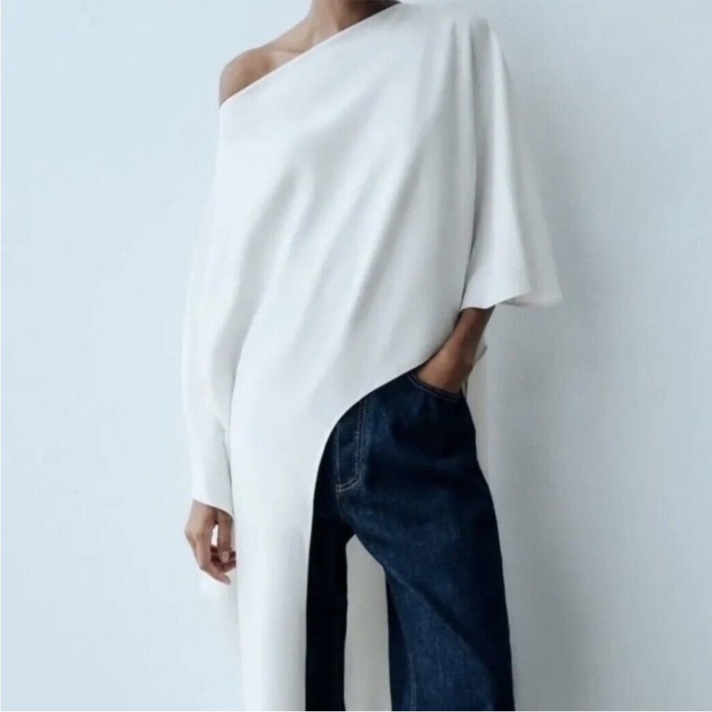 Zara Asymmetric White Cape/Blouse/Top NWT